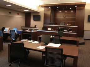 A courtroom at the Calgary Courts Centre building.