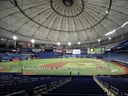 General view of the stadium during the opening ceremonies of the game between the Tampa Bay Rays and the Toronto Blue Jays on Opening Day at Tropicana Field on July 24, 2020 in St Petersburg, Florida. The 2020 season had been postponed since March due to the COVID-19 pandemic.