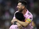 Facundo Farías #11 of Inter Miami CF celebrates his goal with Lionel Messi #10 in the first half during a match between Inter Miami CF and Los Angeles Football Club at BMO Stadium on September 03, 2023 in Los Angeles, California.