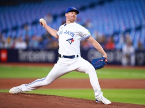 Chris Bassitt #40 of the Toronto Blue Jays delivers in the second inning against the Texas Rangers in front of a sparse crowd at Rogers Centre on September 11, 2023 in Toronto. (Photo by Vaughn Ridley/Getty Images)