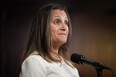 Deputy Prime Minister and Minister of Finance Chrystia Freeland pauses while responding to questions during the second day of a Liberal cabinet retreat, in Vancouver, on Wednesday, Sept. 7, 2022.