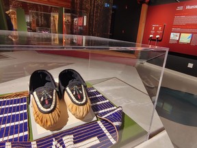 Moccasins are displayed in the ‘Misko-Aki: Confluence of Cultures’ exhibit, part of ‘The Muskoka Story: A Microcosm of Canada’ at the Muskoka Discovery Centre.