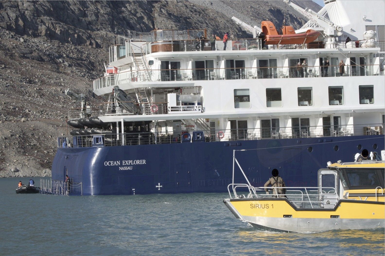 A view of the Ocean Explorer, a Bahamas-flagged Norwegian cruise ship with 206 passengers and crew, which has run aground in northwestern Greenland, on Tuesday, Sept. 12, 2023.