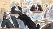 Former Canadian fashion mogul Peter Nygard, the court clerk, Nygard's lawyer Brian Greenspan, Justice Robert Goldstein and jurors are seen in a court illustration made in Toronto, Thursday, Sept. 21, 2023.