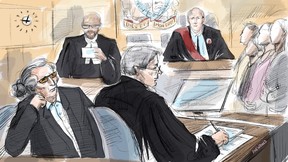 Former Canadian fashion mogul Peter Nygard, the court clerk, Nygard’s lawyer Brian Greenspan, Justice Robert Goldstein and jurors are seen in a court illustration made in Toronto, Thursday, Sept. 21, 2023.