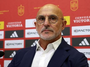Spain's coach Luis de la Fuente holds a press conference to announce the list of summoned players ahead of the EURO 2024 qualifying football matches against Georgia and Cyprus, at the Ciudad del Futbol training facilities in Las Rozas de Madrid on September 1, 2023.