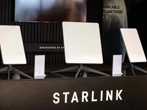 Starlink satellite antennas are seen at an international trade show.