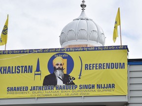 An image of former Gurdwara President Jathedar Hardeep Singh Nijjar is displayed at the Guru Nanak Sikh Gurdwara temple in Surrey, B.C., on Sept. 19, 2023.
