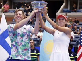 Harri Heliovaara of Finland and Anna Danilina of Kazakhstan celebrate after defeating Jessica Pegula of the United States and Austin Krajicek of the United States during their Mixed Doubles Final match of the 2023 U.S. Open at the USTA Billie Jean King National Tennis Center on Sept. 9, 2023 in New York City.