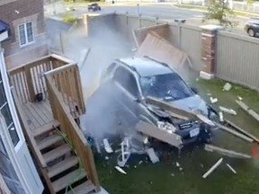 Framegrab from Official CarraDeShaukeen Instagram video of a KIA SUV smashing through into backyard in Brampton at Great Lake and Demaris Drs. Monday night.