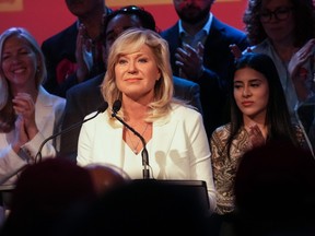 Mississauga Mayor Bonnie Crombie stands on stage with supporters at a rally in Mississauga, Ont. on Wednesday, June 14, 2023, in which she announced her Ontario Liberal Leadership candidacy.