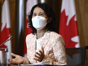 Dr. Theresa Tam, Chief Public Health Officer of Canada, speaks during a news conference about COVID-19 vaccines and other public health concerns Tuesday, Sept. 12, 2023, in Ottawa.