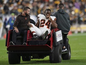 Cleveland Browns running back Nick Chubb is carted off the field.
