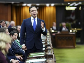 Conservative Leader Pierre Poilievre asks a question in the House of Commons during question period on Parliament Hill in Ottawa on Wednesday, Sept. 20, 2023.