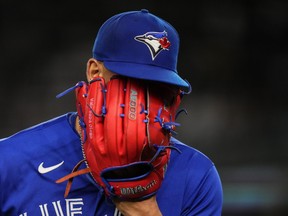 Blue Jays starting pitcher Jose Berrios leaves during the sixth inning of the team's game against the Yankees on Thursday, Sept. 21, 2023, in New York.