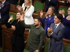 Ukrainian President Volodymyr Zelenskyy and Prime Minister Justin Trudeau recognize Yaroslav Hunka, who was in attendance, in the House of Commons in Ottawa on Friday, Sept. 22, 2023.