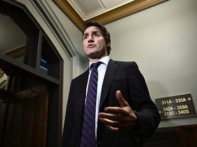 Prime Minister Justin Trudeau makes a statement to reporters.