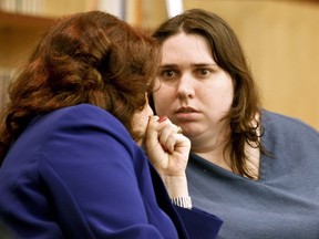 In this June 27, 2012 file photo, Jessica Lynn Lopez speaks with her attorney Sloan Ostbye at a hearing in San Diego County Superior Court in Vista, Calif. (AP Photo/Lenny Ignelzi, File)