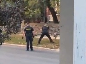 An officer seems to swing an axe at a deer.
