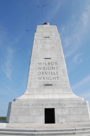 A monument commemorates the first flight by Wilbur and Orville Wright in Kill Devil Hills, Outer Banks,