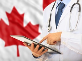 Doctor on Canada flag background. 3d illustration