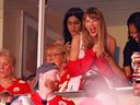 Taylor Swift reacts during a game between the Chicago Bears and the Kansas City Chiefs at GEHA Field at Arrowhead Stadium on Sept. 24, 2023 in Kansas City. 