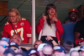 Donna Kelce and Taylor Swift are seen during the first half between the Chicago Bears and the Kansas City Chiefs at GEHA Field at Arrowhead Stadium on Sept. 24, 2023 in Kansas City.