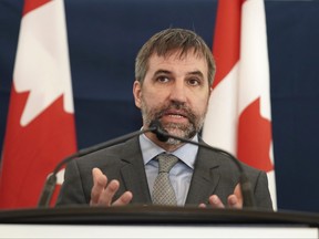 Minister of Environment and Climate Change Steven Guilbeault speaks during media availability at the Climate Positive Energy Initiative conference in Toronto, on Thursday, Aug.10, 2023.