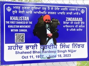 A poster of the former Gurdwara President Hardeep Singh Nijjar is displayed on a fence outside the Guru Nanak Sikh Gurdwara temple in Surrey, B.C., on Sept. 19, 2023.