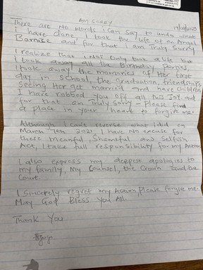 Handwritten apology from Frances Ngugi.