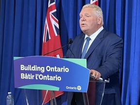 Ontario Premier Doug Ford speaks to media at Queen's Park on Tuesday, Sept. 5, 2023.