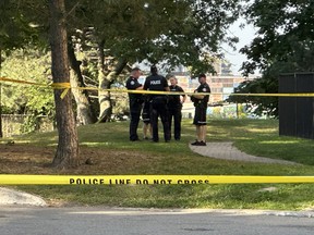 Toronto Police outside of an apartment building on Dundalk Dr. Sept. 6, 2023 after a girl was fatally stabbed the day before.