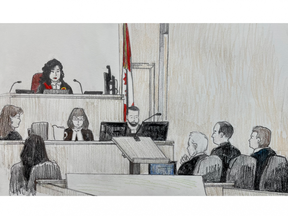 Superior Court Justice Renee Pomerance, top left, defence lawyer Christopher Hicks, defence lawyer Peter Ketcheson and Nathaniel Veltman, bottom right, in a Windsor courtroom on Monday, Sept. 11, 2023. (Charles Vincent/Special to The Free Press)