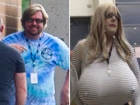 Kerry Lemieux at his new school in Hamilton, left, and last year in Oakville wearing a wig and fake breasts.