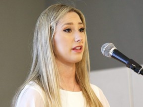 Jaymie-Lyne Hancock, sister of D.J. Hancock who was killed in a collision by an impaired driver, makes a presentation to high school students in Sudbury, Ont., May 4, 2018.