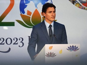 Prime Minister Justin Trudeau attends a press conference after the closing session of the G20 summit in New Delhi, India, Sept. 10, 2023.