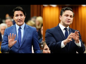 Two separate images. Conservative leader Pierre Poilievre and Prime Minister Justin Trudeau in the House of Commons