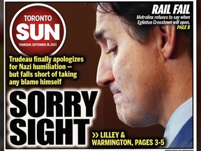 Toronto Sun front page with Justin Trudeau with the headline, "Sorry Sight".