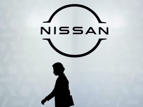 The logo of Nissan Motor Co. Ltd. is seen during a press preview of a new electric car by the automaker at the Nissan Pavilion in Yokohama, Japan, July 14, 2020.