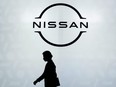 The logo of Nissan Motor Co. Ltd. is seen during a press preview of a new electric car by the automaker at the Nissan Pavilion in Yokohama, Japan, July 14, 2020.