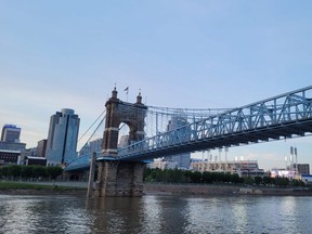 River view of John Roebling Suspension Bridge