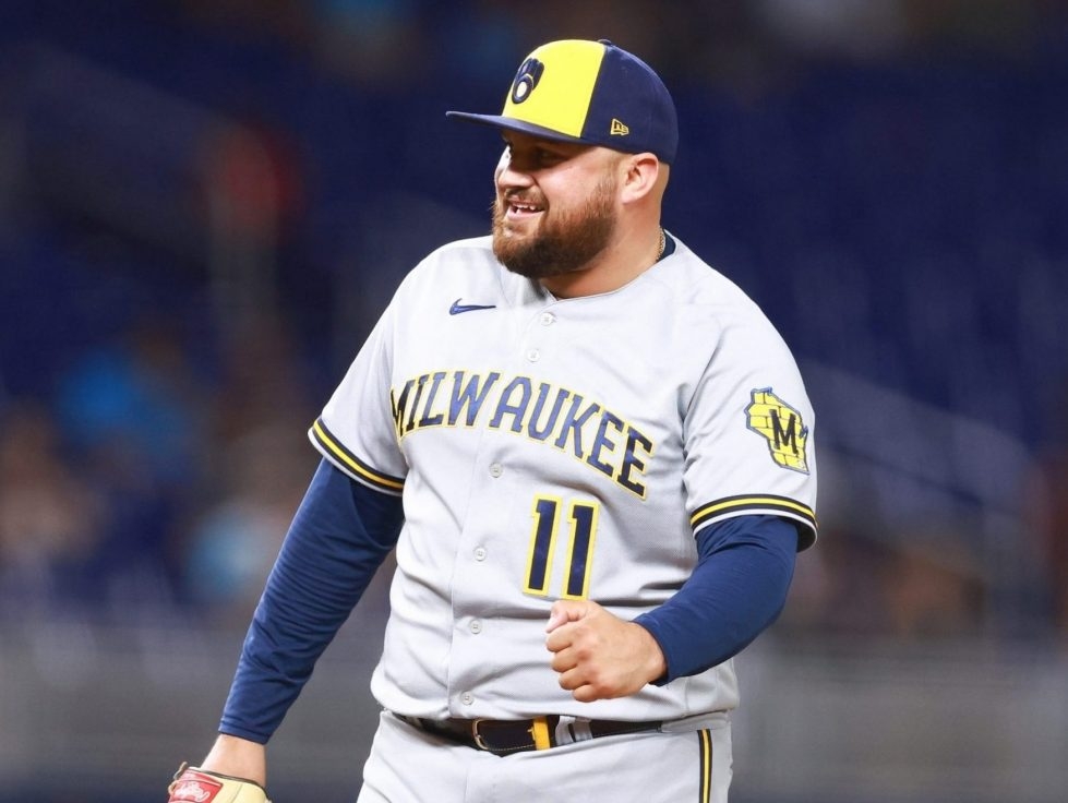 Milwaukee Brewers first baseman Rowdy Tellez looks on from the