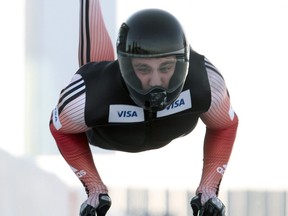 Joe Cecchini of Canada competes in the FIBT America's Cup men's skeleton competition on December 10, 2009 at Canada Olympic Park in Calgary.