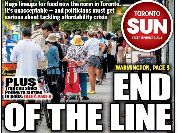  The Toronto Sun’s front page for Friday, Sept. 8, 2023, shows the long lineup at the Fort York Food Bank on College St.