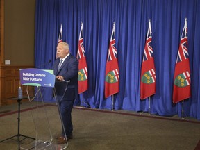 Ontario Premier Doug Ford speaks about the Greenbelt scandal, resignation of Housing Minister Steve Clark and his minor cabinet shuffle at Queen's Park on Tuesday, September 5, 2023.