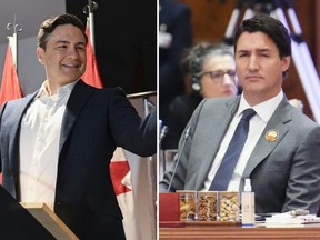 Left, Conservative Leader Pierre Poilievre gives the thumbs up to his caucus at the Conservative convention in Quebec City, Thursday, Sept. 7, 2023. Right, Prime Minister Justin Trudeau takes part in a plenary session at the G20 Summit in New Delhi, India, Saturday, Sept. 9, 2023.