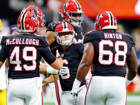 Younghoe Koo of the Atlanta Falcons celebrates a field goal during the fourth quarter in the game against the Green Bay Packers at Mercedes-Benz Stadium on Sept. 17, 2023 in Atlanta, Ga.