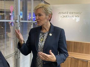U.S. Energy Secretary Jennifer Granholm gestures as she speaks at the UN offices in Vienna, Monday Sept. 25, 2023. Granholm has emphasized the importance of nuclear fusion as a pioneering and future-oriented technology in the clean energy transition. As part of its clean-energy agenda, the Biden administration wants to "create a commercial nuclear fusion facility within 10 years," Granholm said in an interview with The Associated Press in Vienna.