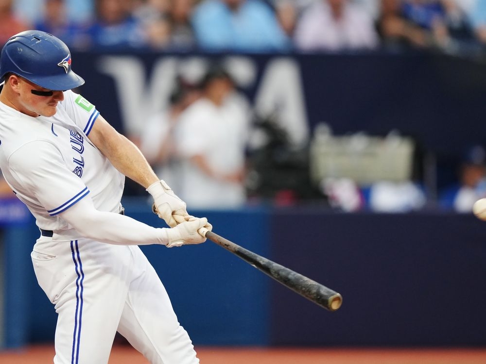 Toronto Blue Jays third baseman Matt Chapman (26) hits a single in the  seventh inning of American League baseball action against the New York  Yankees in Toronto on Saturday, June 18, 2022.