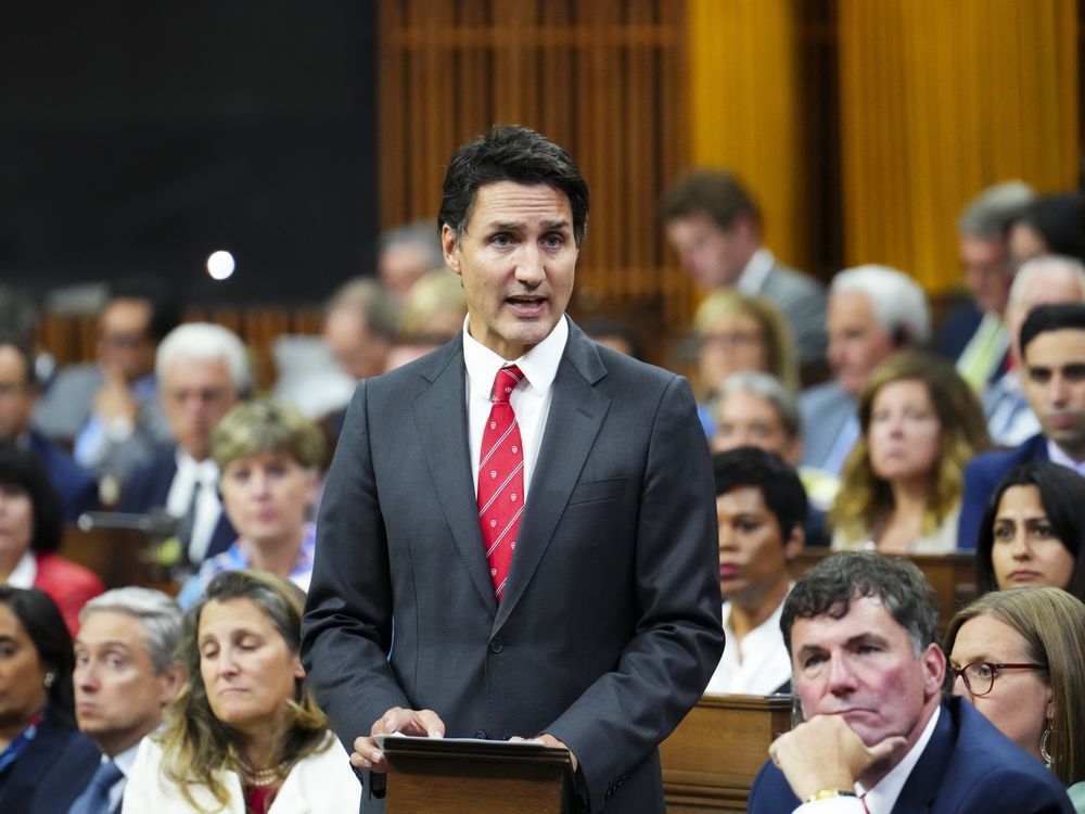Prime Minister Justin Trudeau delivers a statement in the House of Commons on Parliament Hill in Ottawa on Monday, Sept. 18, 2023.